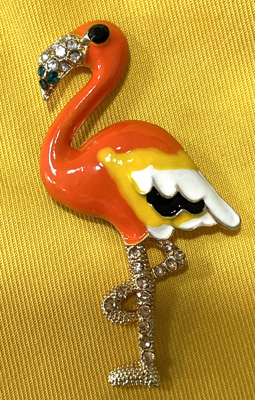 NWOT Orange Flamingo Brooch Lapel Pin Enamel Rhinestone Bird Yellow Gold Toned